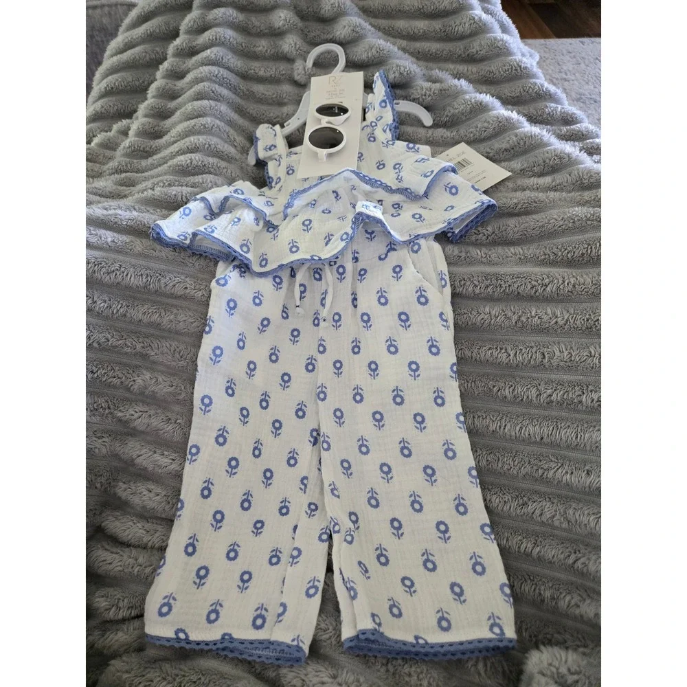 RZ by Rachel Zoe Baby Girls 3pc Cotton Gauze Set Top Pants Sunglasses Blue 12M
